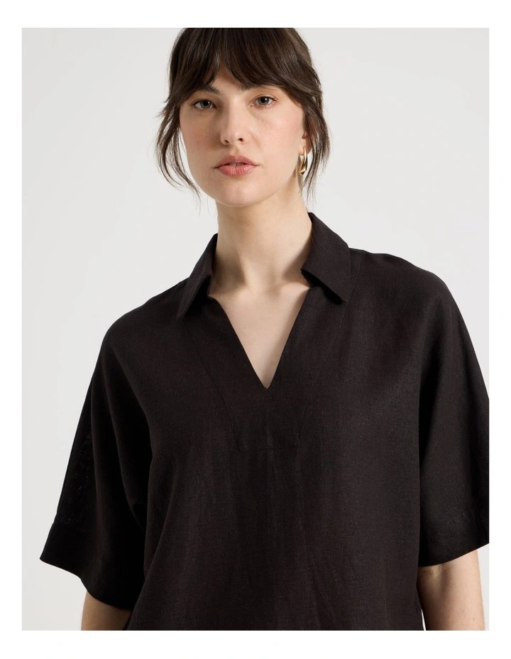 Short Sleeve Linen Blend Collar Placket in Black image 4