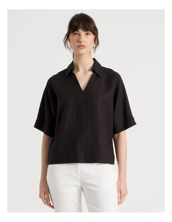 Short Sleeve Linen Blend Collar Placket in Black image 5
