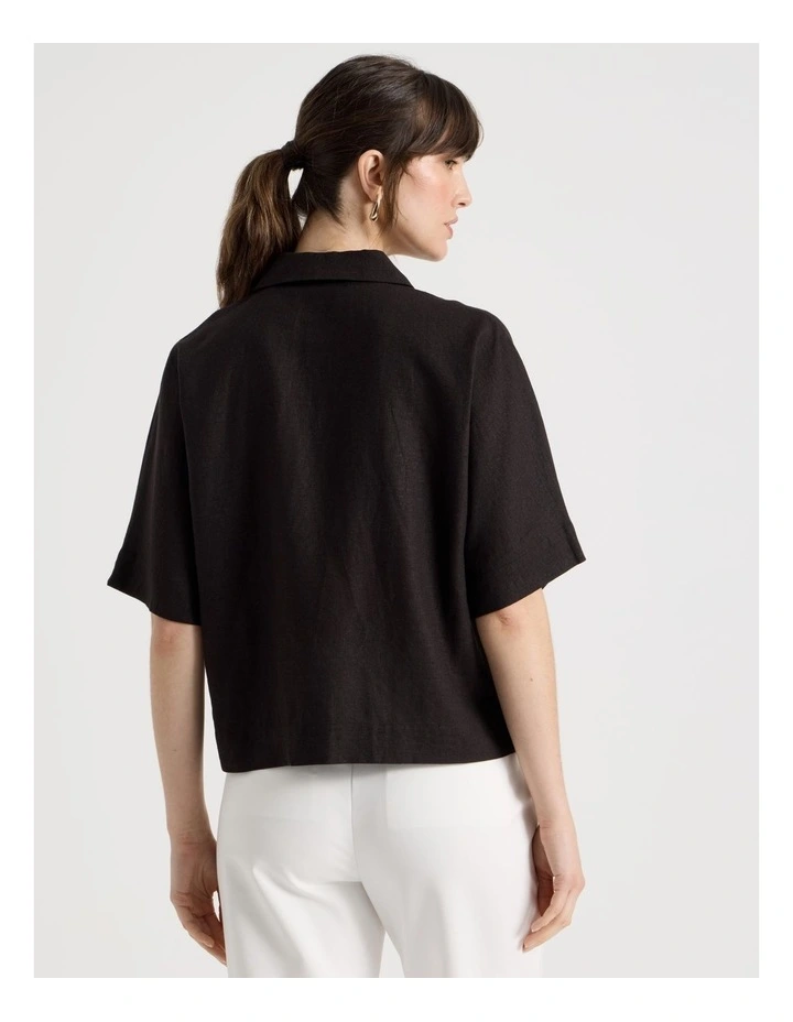Short Sleeve Linen Blend Collar Placket in Black image 6