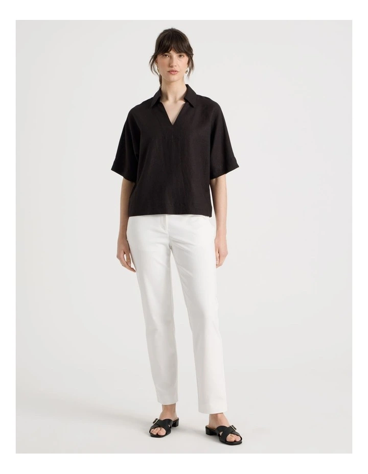 Short Sleeve Linen Blend Collar Placket in Black image 7