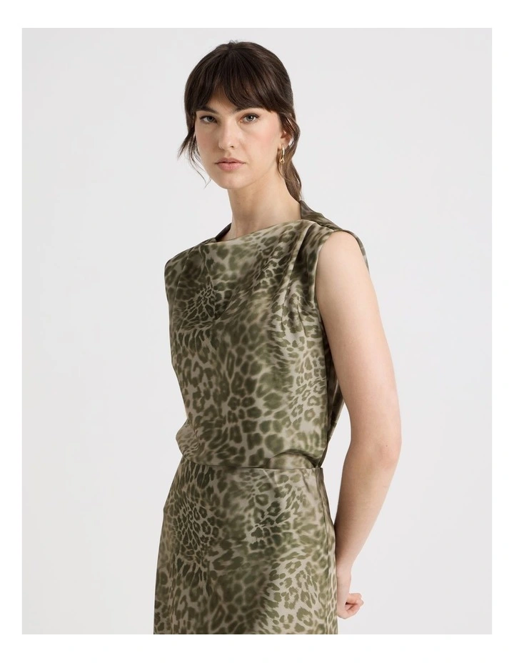 Sleeveless Poly Satin Top in Olive Ocelot Print image 1