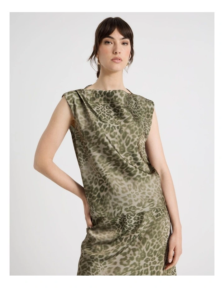 Sleeveless Poly Satin Top in Olive Ocelot Print image 4