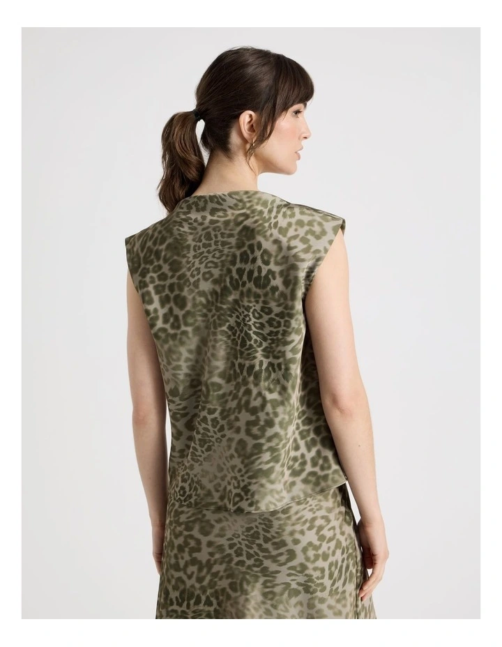 Sleeveless Poly Satin Top in Olive Ocelot Print image 5
