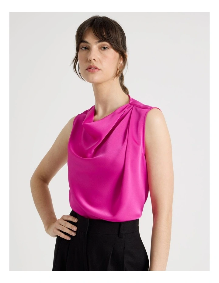 Sleeveless Satin Drape Neck Top in Very Berry image 1