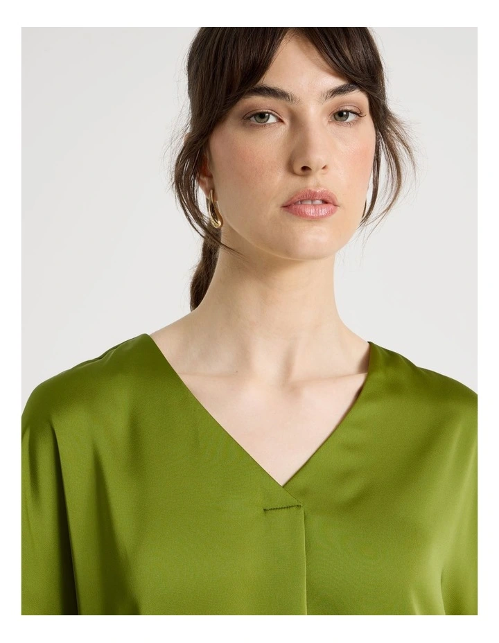 Short Sleeve Satin V Neck Tee in Guacamole image 3
