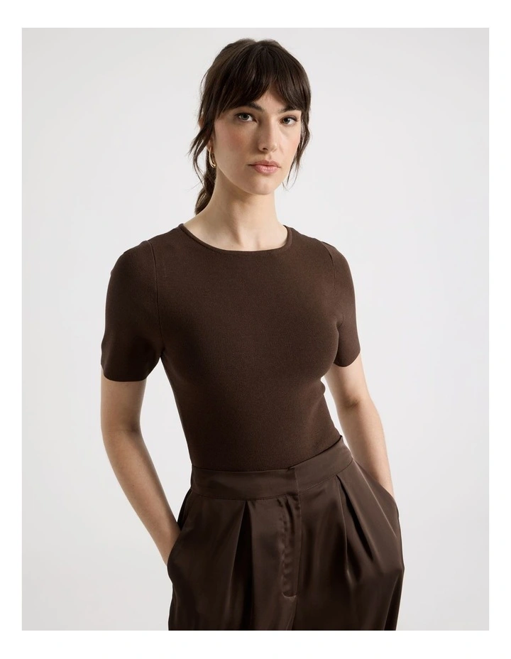Short Sleeve Knit Tee in Dark Brown image 1