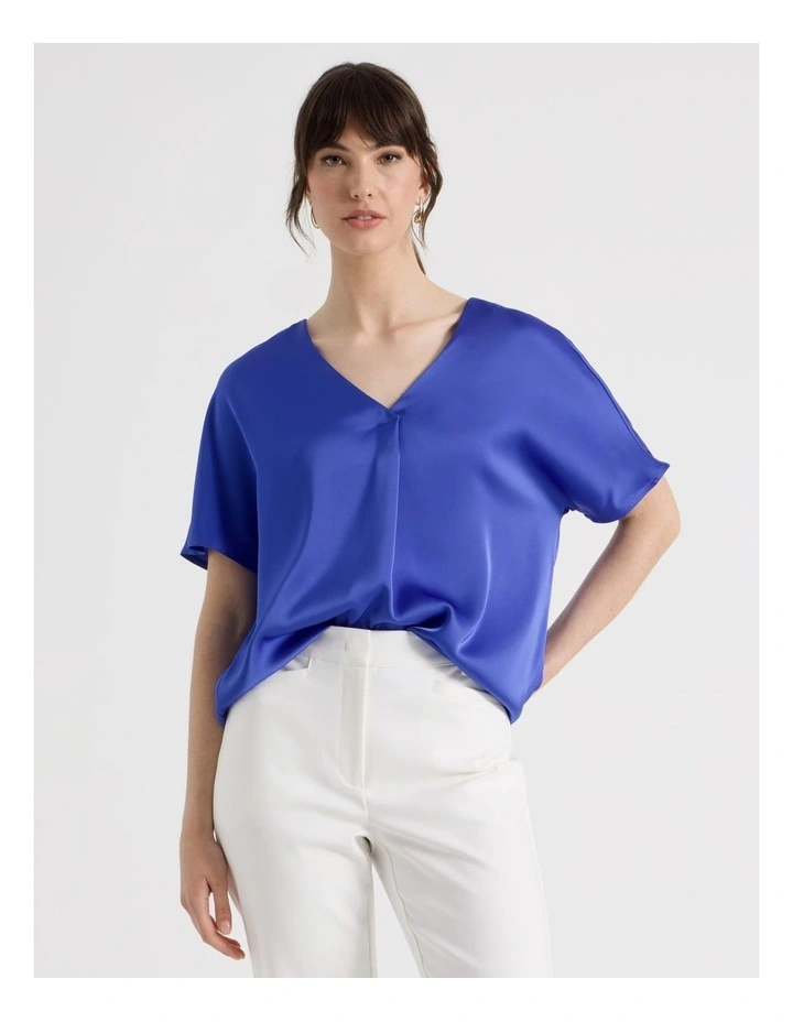 Short Sleeve Satin V Neck Tee in Cobalt image 1