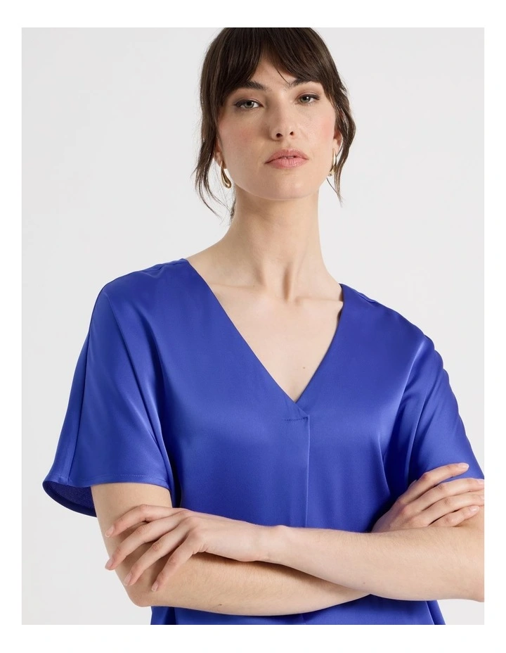 Short Sleeve Satin V Neck Tee in Cobalt image 2