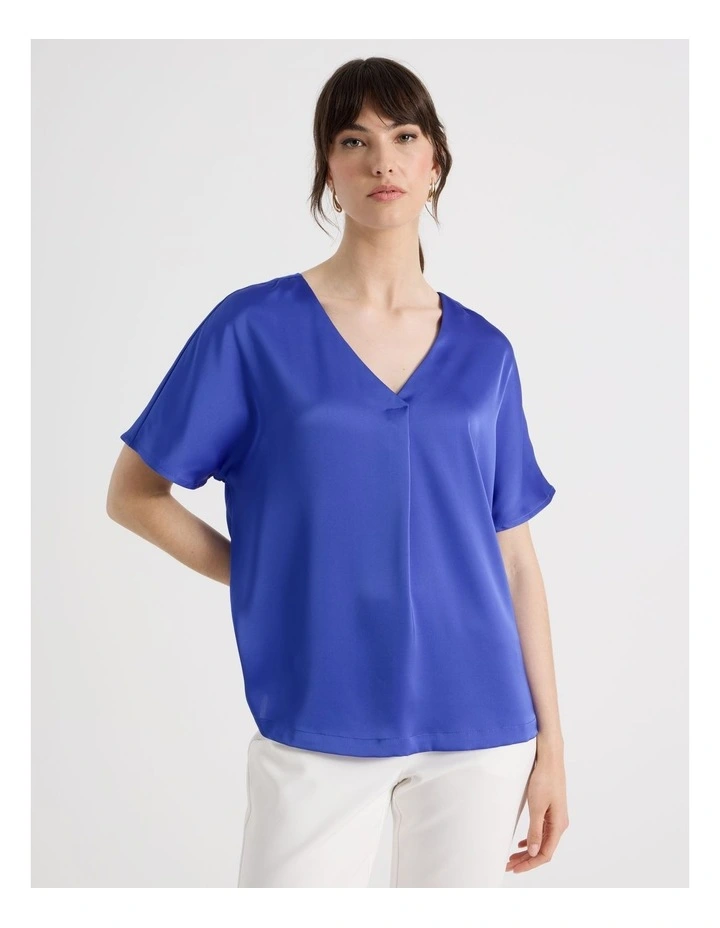 Short Sleeve Satin V Neck Tee in Cobalt image 5