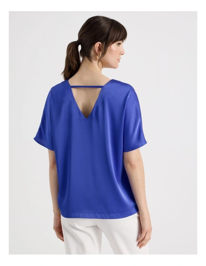 Short Sleeve Satin V Neck Tee in Cobalt image 6