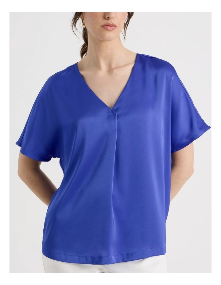 Short Sleeve Satin V Neck Tee in Cobalt image 7