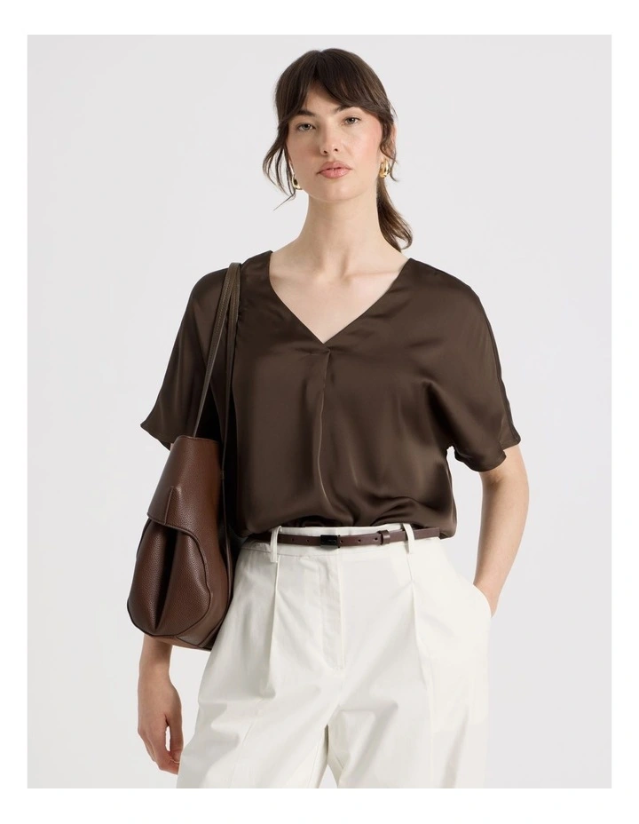 Short Sleeve Satin V Neck Tee in Dark Brown image 1