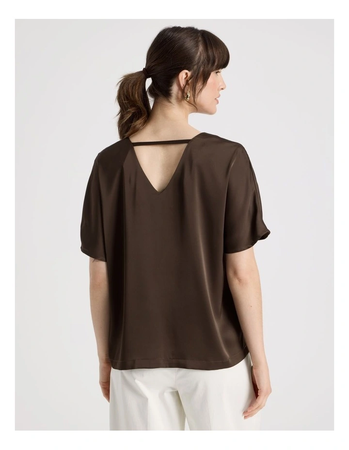 Short Sleeve Satin V Neck Tee in Dark Brown image 6