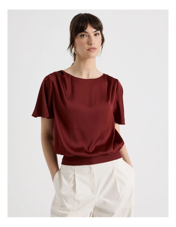 Satin Elastic Waist Tee in Wine image 1