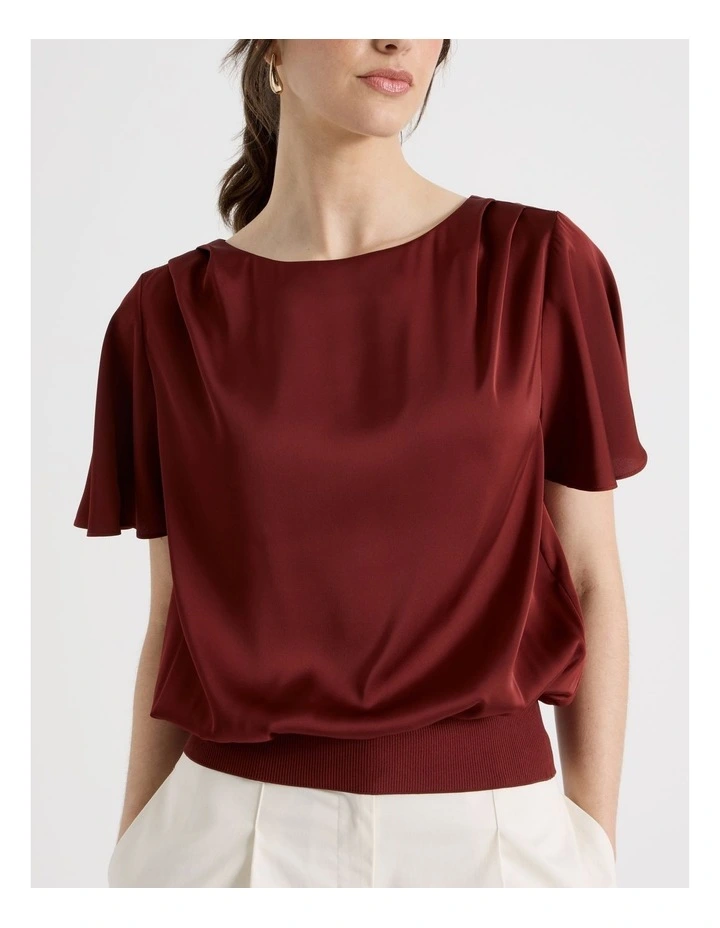 Satin Elastic Waist Tee in Wine image 3