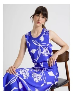 Scoop Neck Satin Tank in Cobalt and White Floral Print