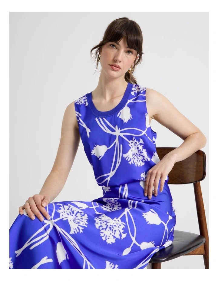 Scoop Neck Satin Tank in Cobalt and White Floral Print image 1