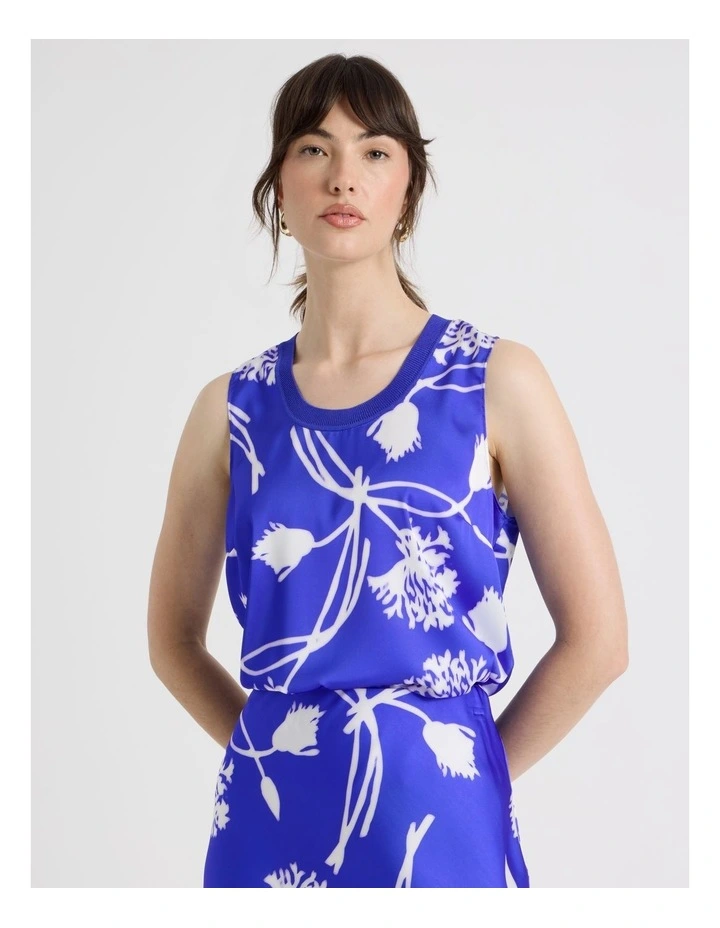 Scoop Neck Satin Tank in Cobalt and White Floral Print image 2