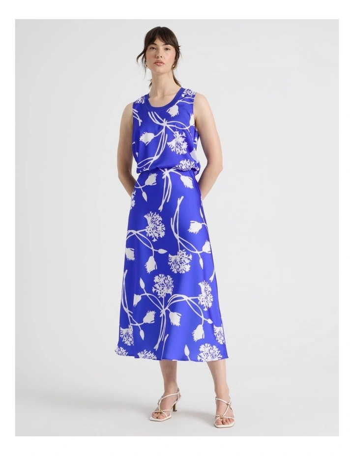 Scoop Neck Satin Tank in Cobalt and White Floral Print image 3