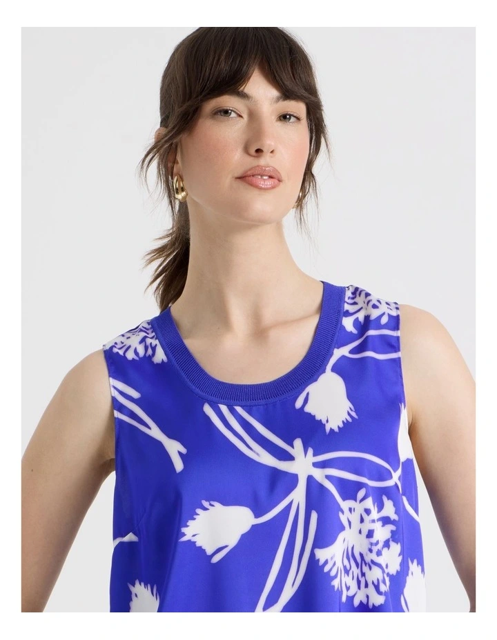Scoop Neck Satin Tank in Cobalt and White Floral Print image 4