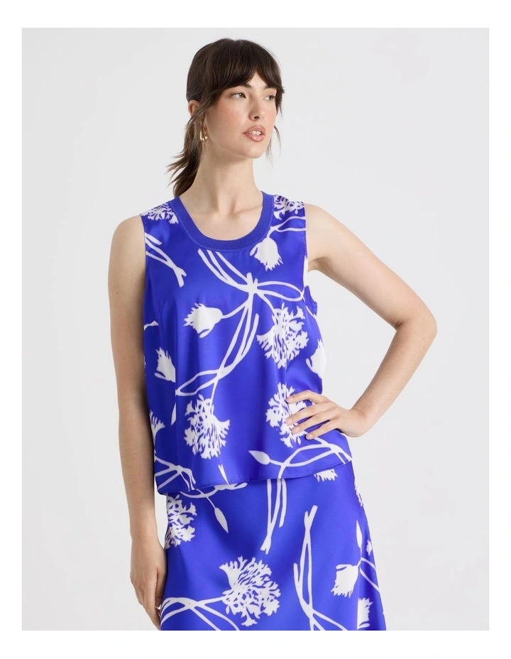 Scoop Neck Satin Tank in Cobalt and White Floral Print image 5