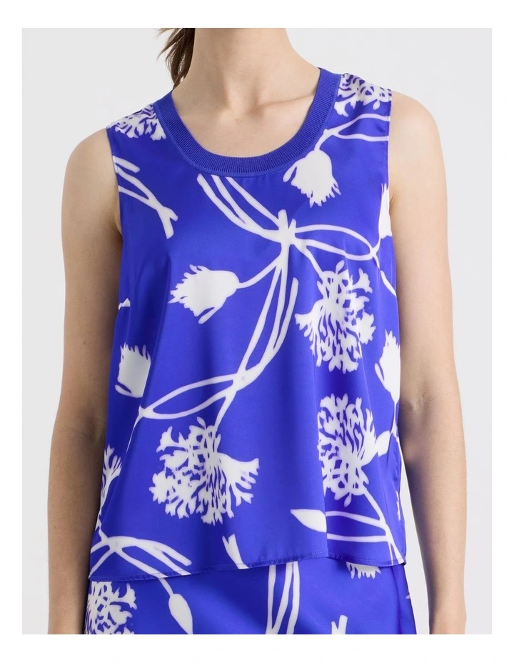 Scoop Neck Satin Tank in Cobalt and White Floral Print image 7