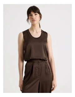 Scoop Neck Satin Tank in Dark Brown