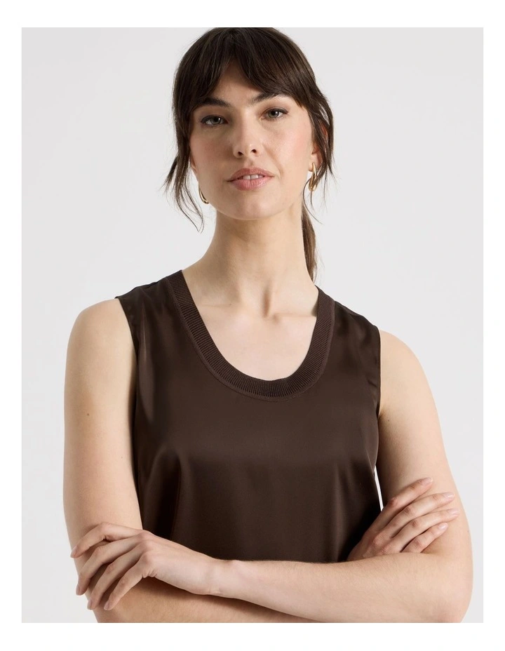 Scoop Neck Satin Tank in Dark Brown image 3