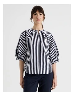 Short Sleeve Crisp Tuck Poplin Top in Navy and White Stripe