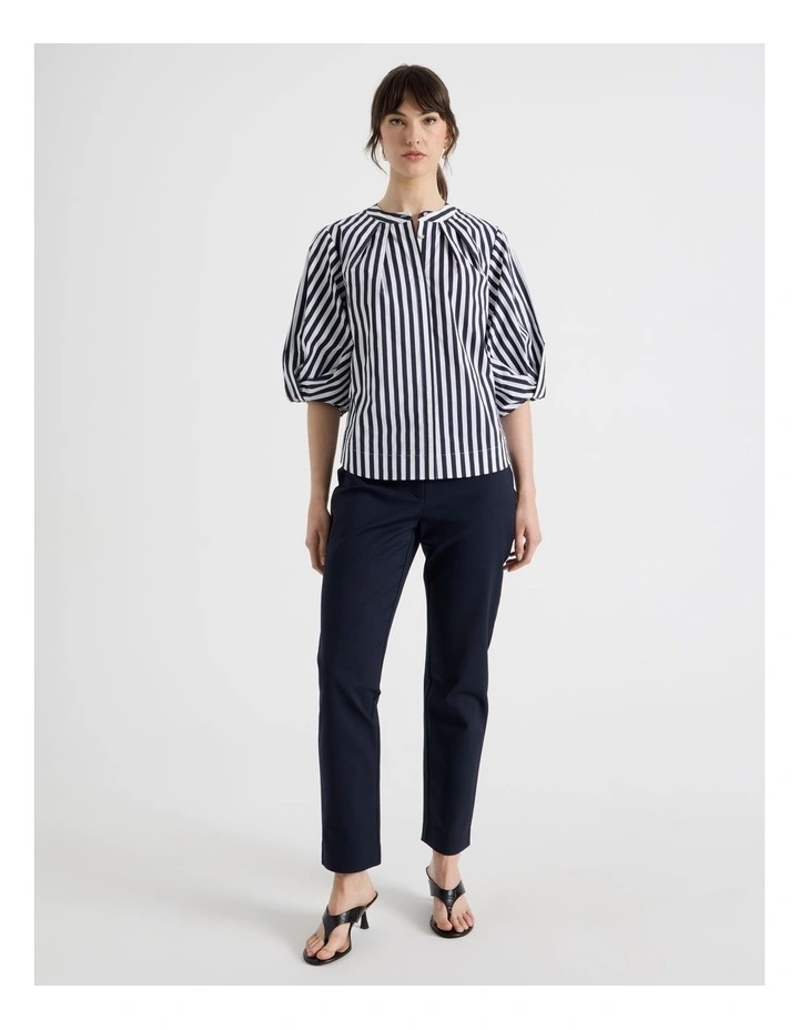 Short Sleeve Crisp Tuck Poplin Top in Navy and White Stripe image 2