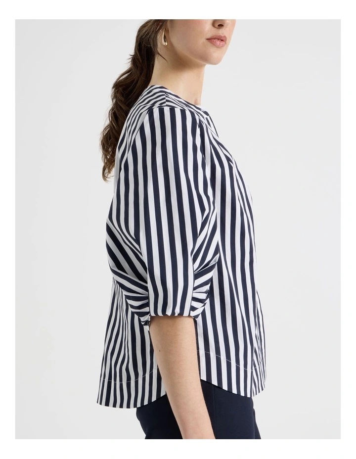 Short Sleeve Crisp Tuck Poplin Top in Navy and White Stripe image 5
