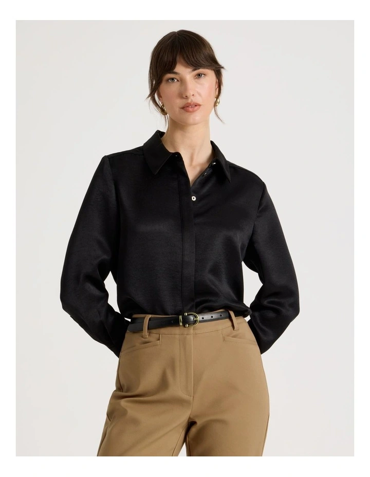 Long Sleeve Double Faced Satin Shirt in Black image 1