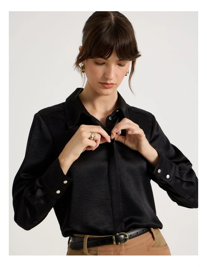 Long Sleeve Double Faced Satin Shirt in Black image 2