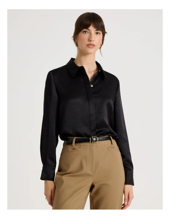 Long Sleeve Double Faced Satin Shirt in Black image 4