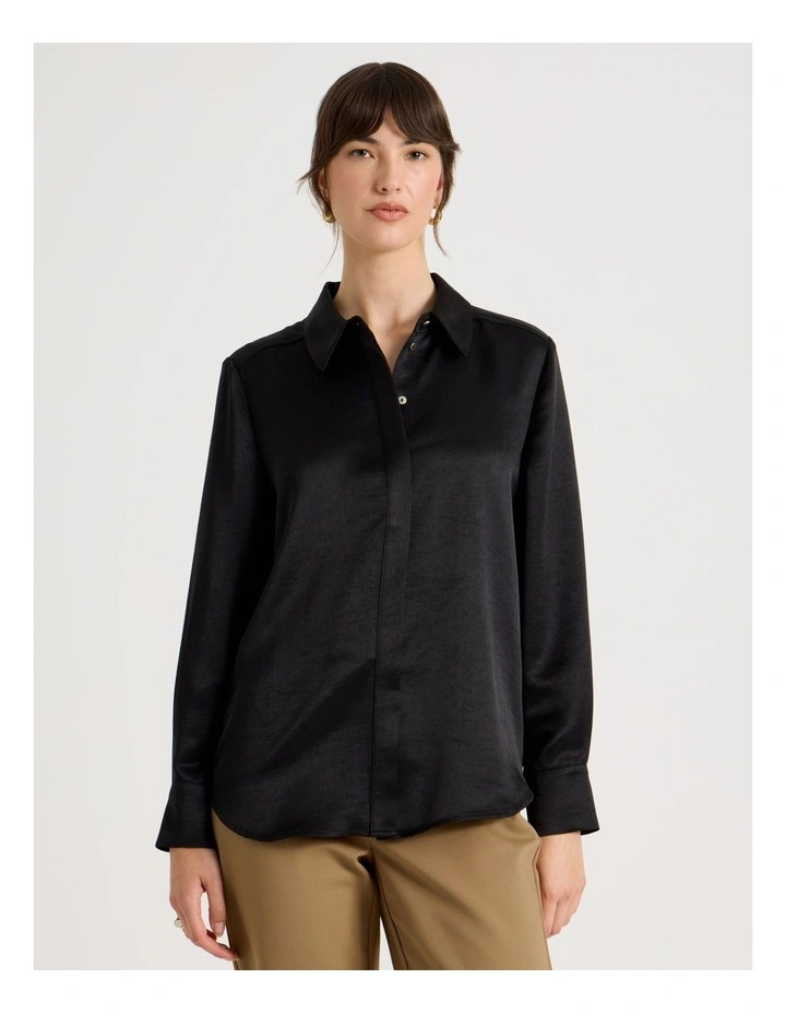 Long Sleeve Double Faced Satin Shirt in Black image 5