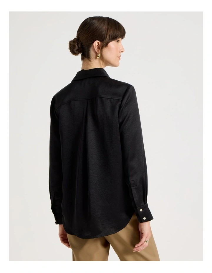 Long Sleeve Double Faced Satin Shirt in Black image 6