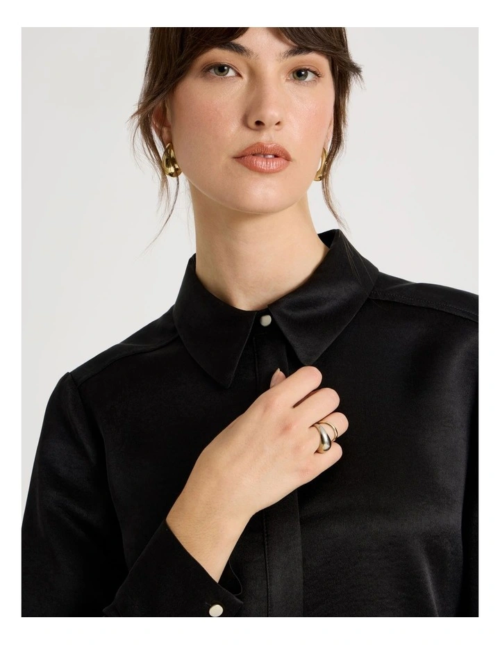 Long Sleeve Double Faced Satin Shirt in Black image 7