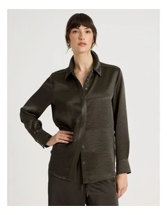 Long Sleeve Double Faced Satin Shirt in Charcoal