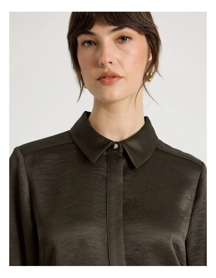 Long Sleeve Double Faced Satin Shirt in Charcoal image 3