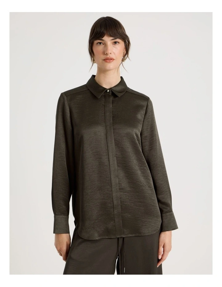 Long Sleeve Double Faced Satin Shirt in Charcoal image 5
