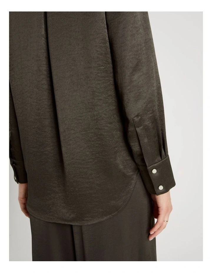 Long Sleeve Double Faced Satin Shirt in Charcoal image 7