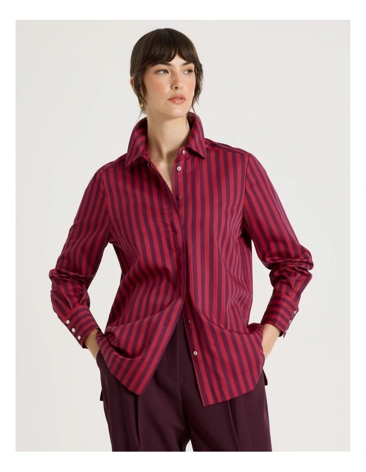 Cotton Sateen Long Sleeve Shirt in Rhubarb and Plum Stripe image 1