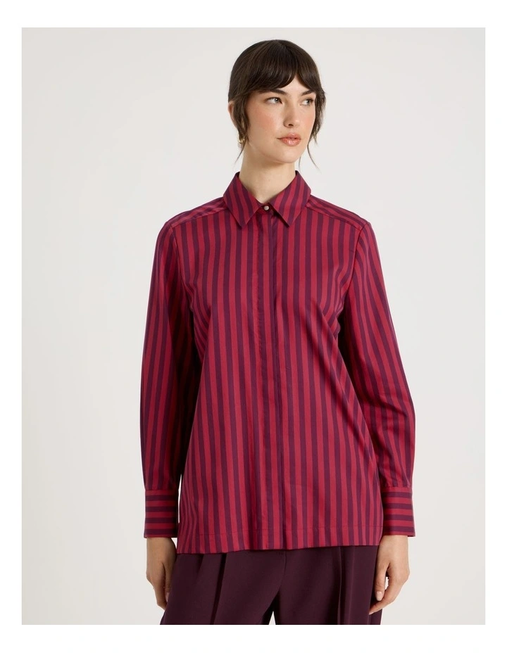 Cotton Sateen Long Sleeve Shirt in Rhubarb and Plum Stripe image 4