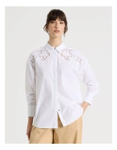 Long Sleeve Cutwork Detail Shirt in White