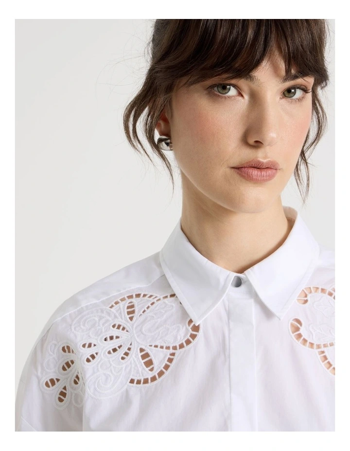 Long Sleeve Cutwork Detail Shirt in White image 3