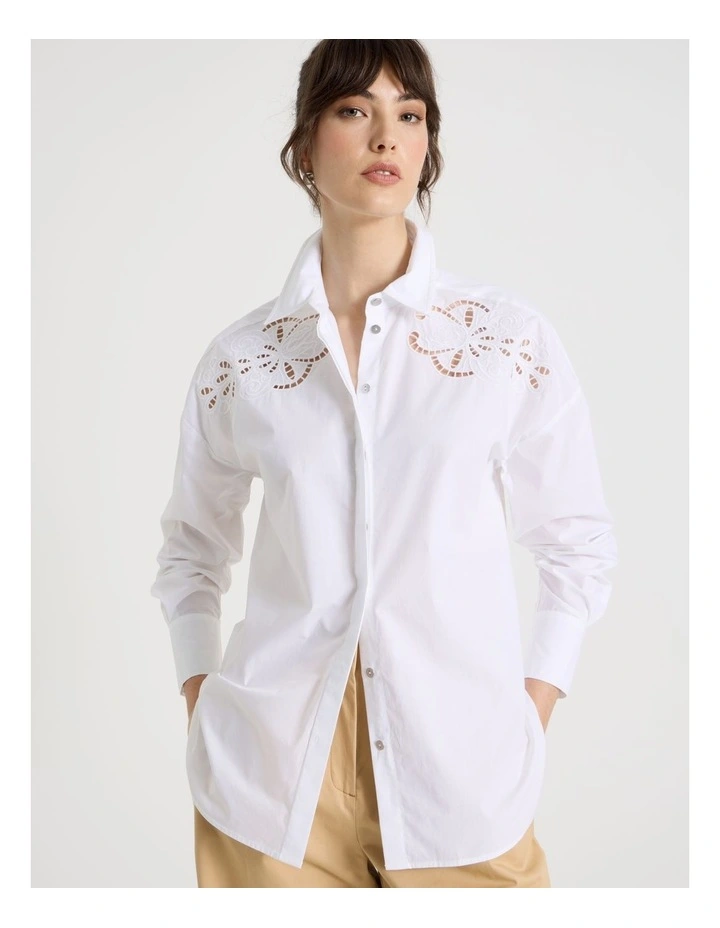 Long Sleeve Cutwork Detail Shirt in White image 4