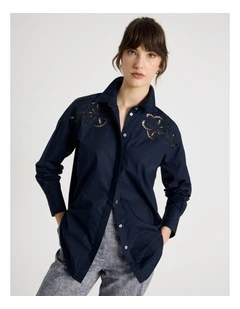 Long Sleeve Cutwork Detail Shirt in Navy
