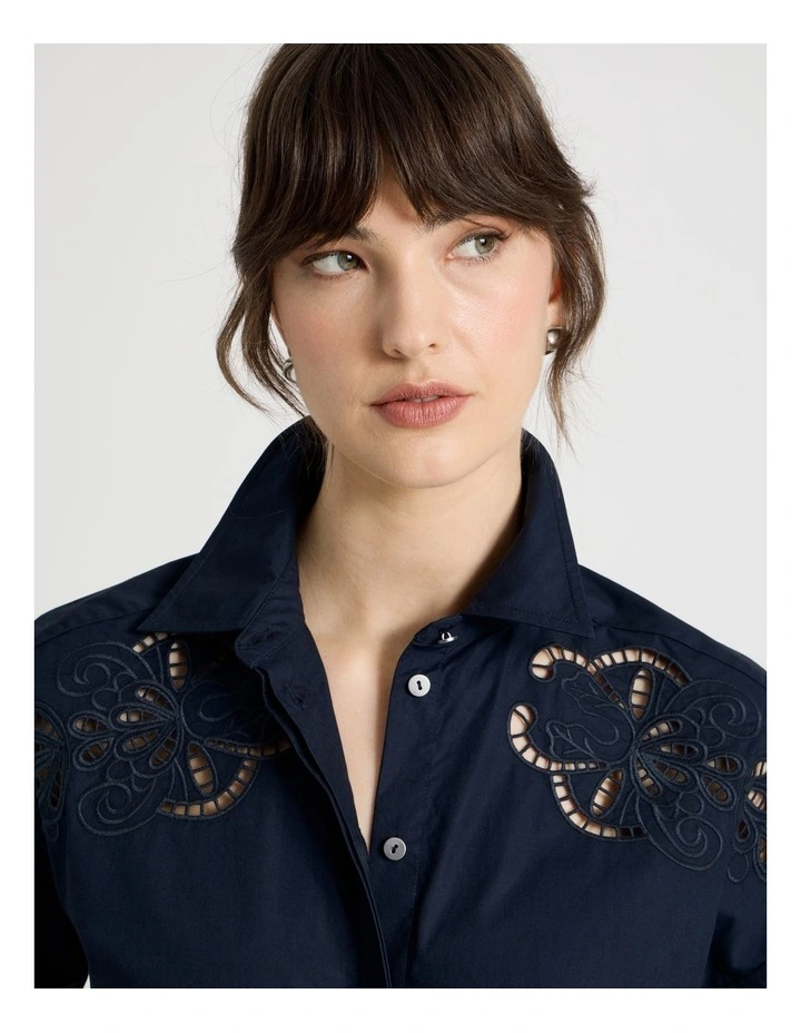 Long Sleeve Cutwork Detail Shirt in Navy image 3