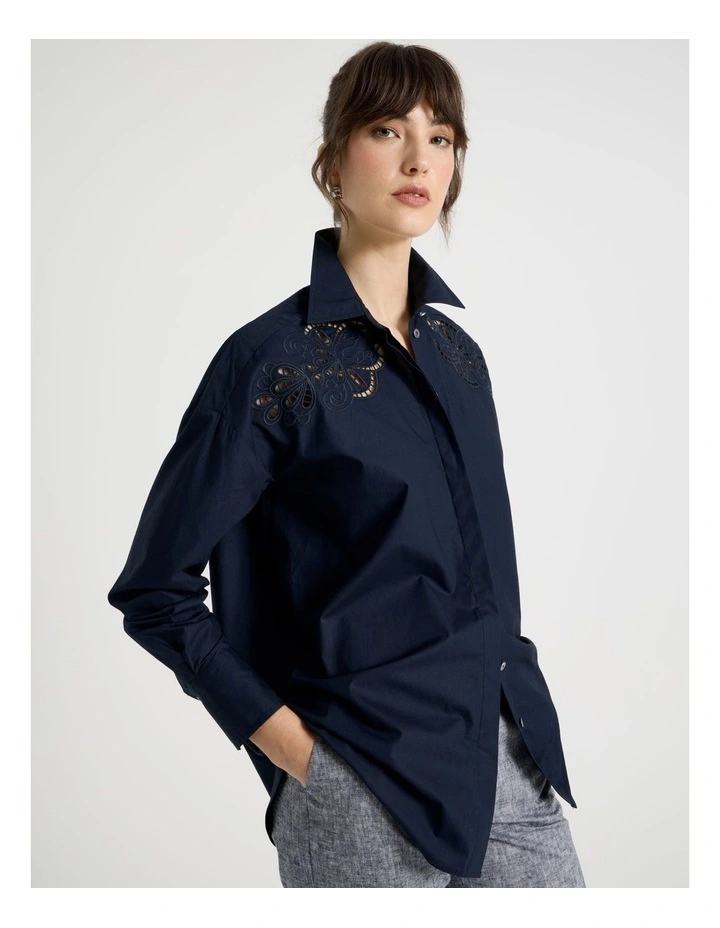Long Sleeve Cutwork Detail Shirt in Navy image 4