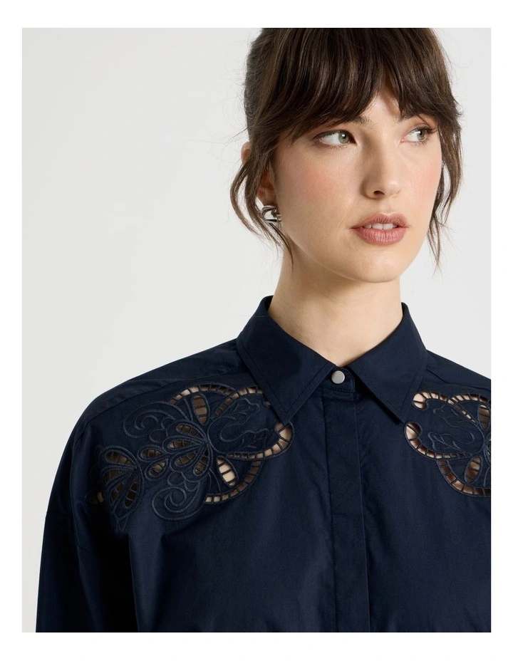 Long Sleeve Cutwork Detail Shirt in Navy image 5